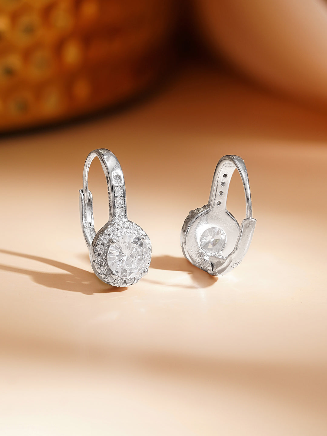 925 Fine Silver Halo Solitaire Cubic Zirconia Hoop Earrings