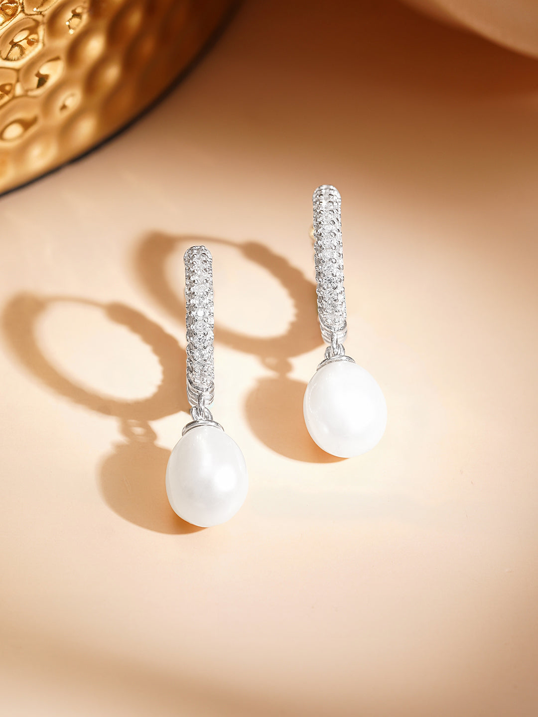 925 Fine Silver Crystal Pearl Hoop Drop Earrings