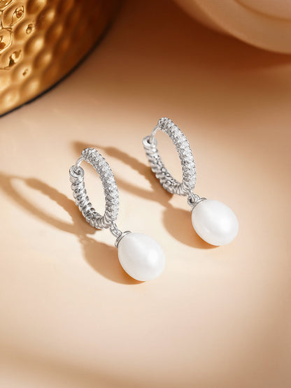 925 Fine Silver Crystal Pearl Hoop Drop Earrings