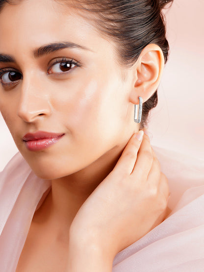 925 Fine Silver Pavé Cubic Zirconia Rectangular Hoop Earrings