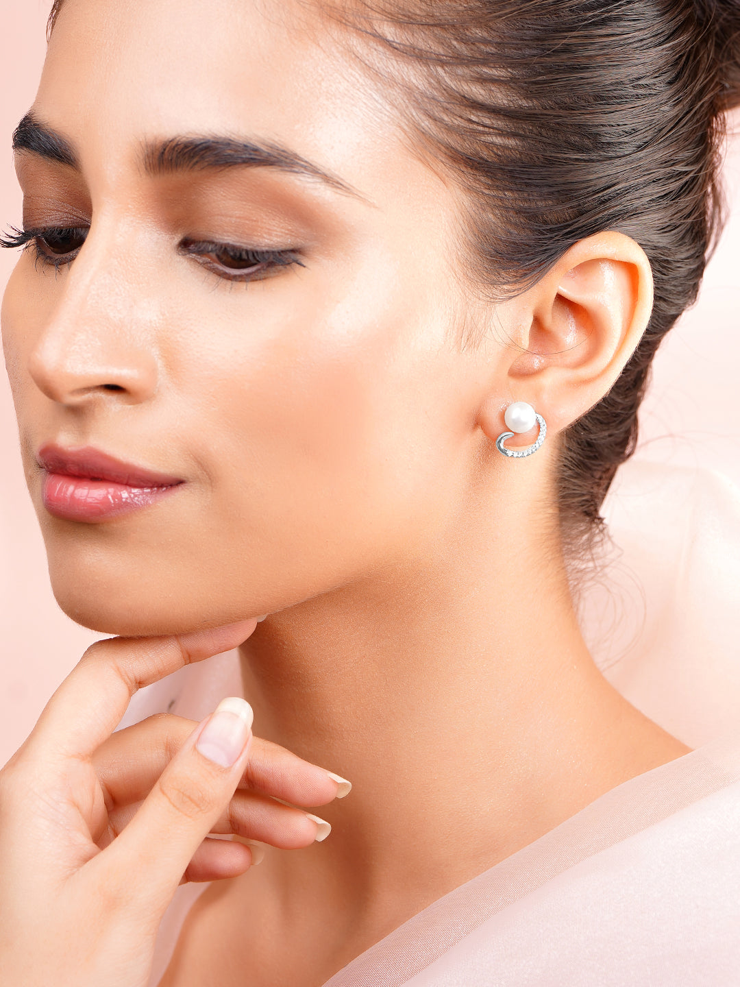 925 Fine Silver Crystal Pearl Swirl Stud Earrings