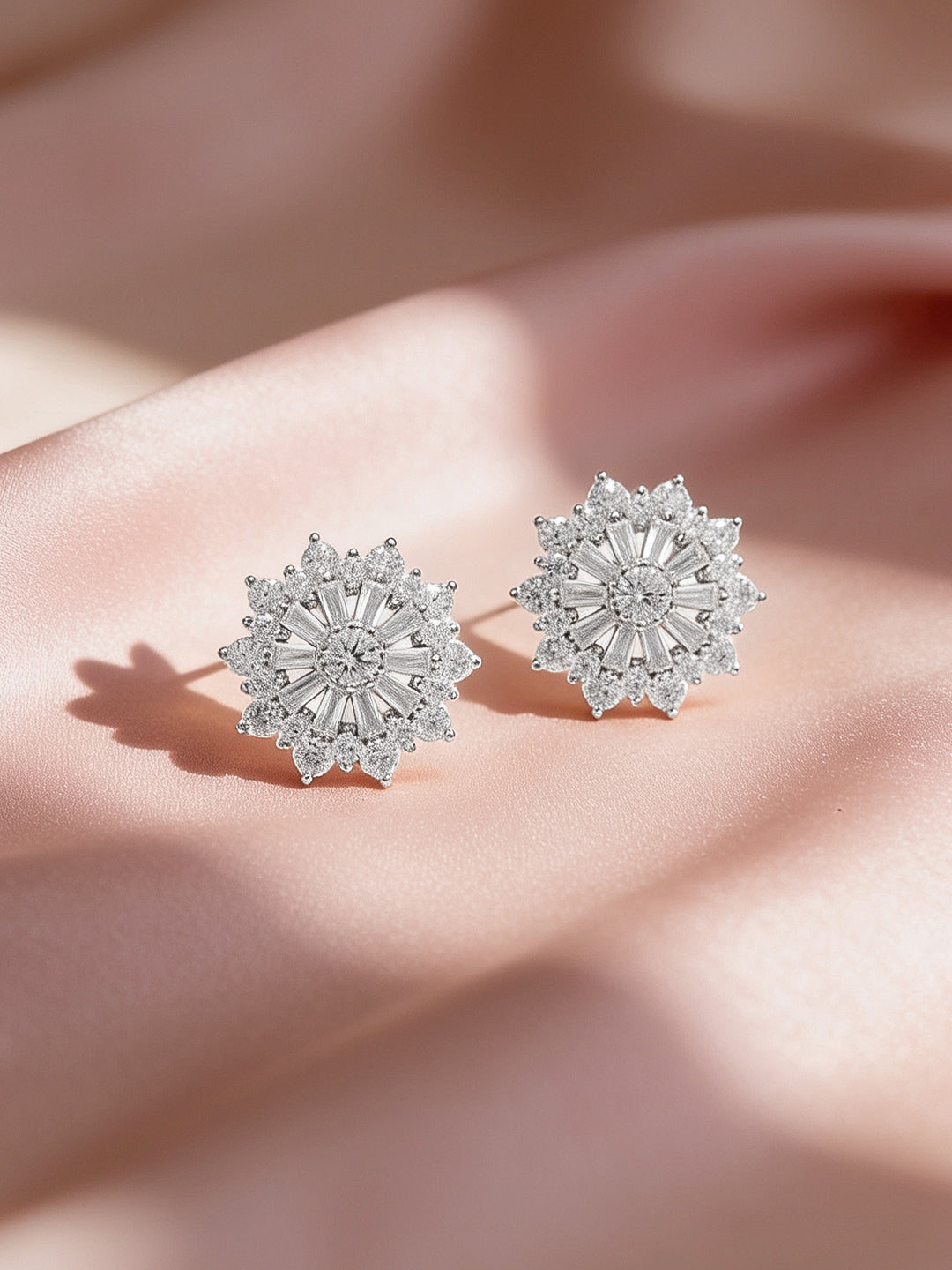 925 Fine Silver Rhodium Plated Floral Stud Earrings