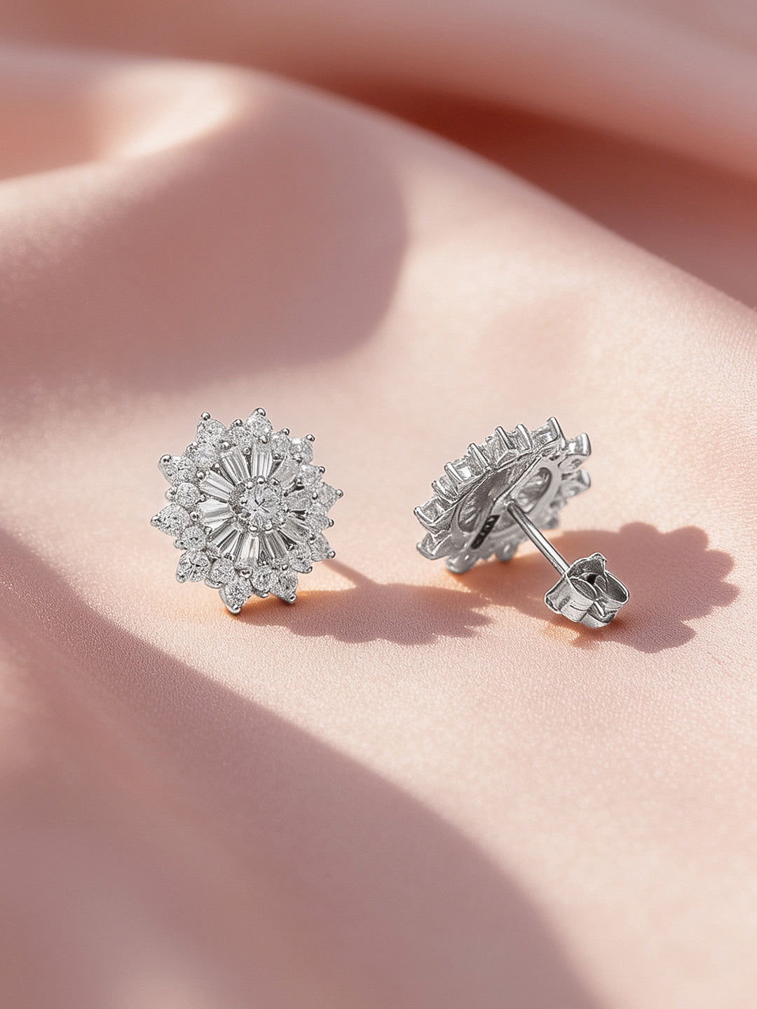 925 Fine Silver Rhodium Plated Floral Stud Earrings