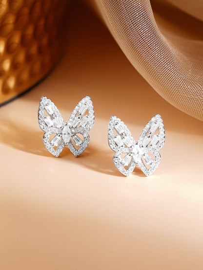 925 Fine Silver Rhodium Plated American Diamon Zirconia Butterfly Studs