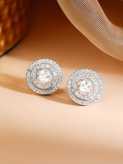 925 Fine Silver Rhodium Plated American Diamon Zirconia Round Stud Earrings