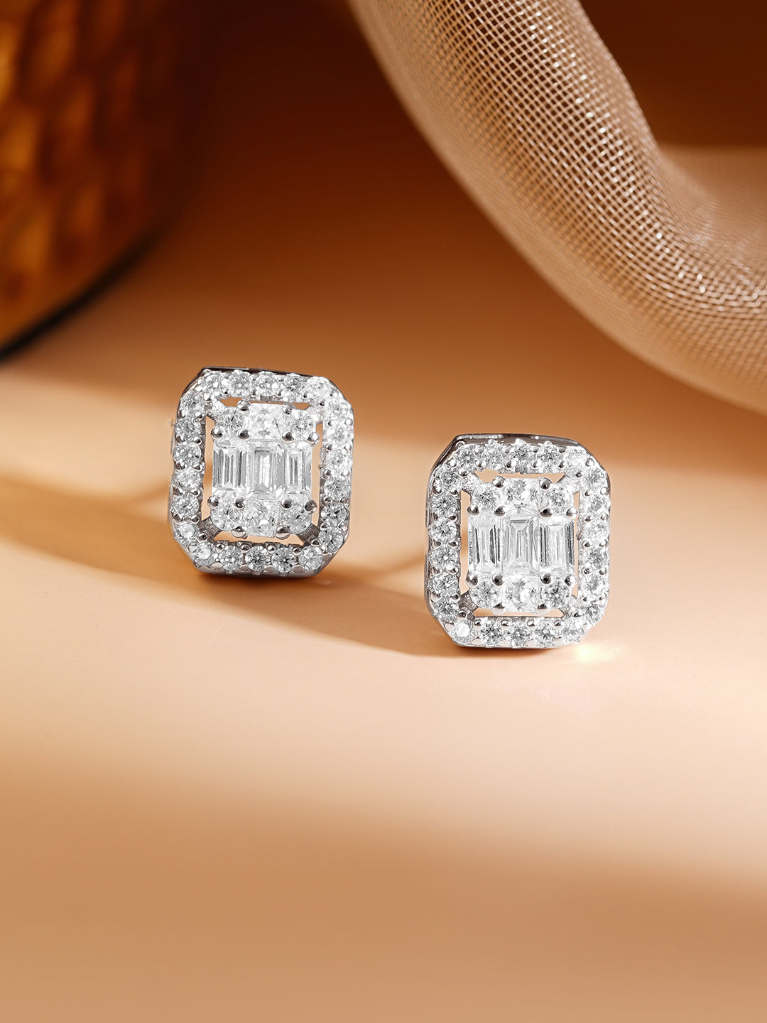 925 Fine Silver Rhodium Plated American Diamon Zirconia Cubic Stud Earrings