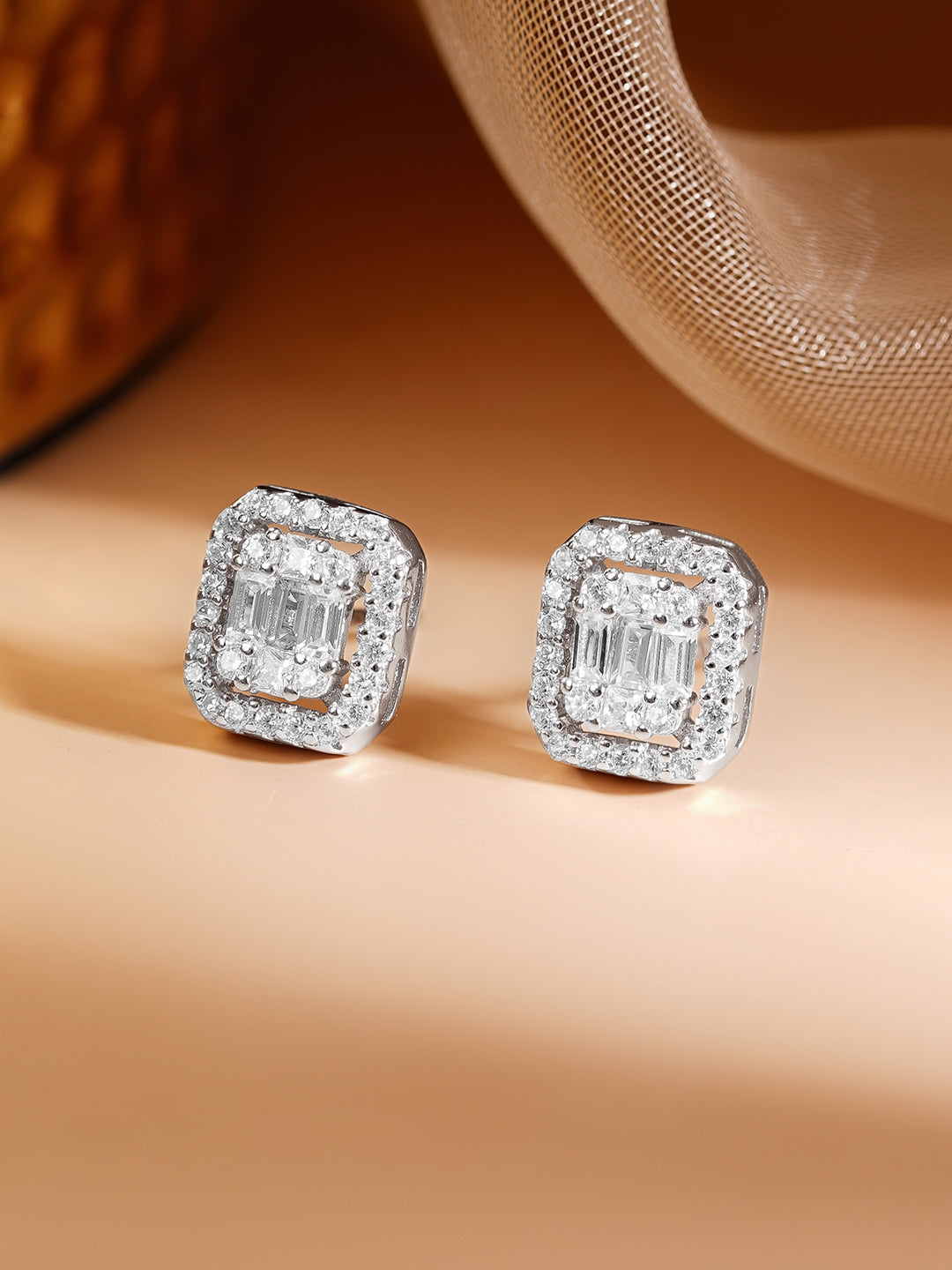 925 Fine Silver Rhodium Plated American Diamon Zirconia Cubic Stud Earrings