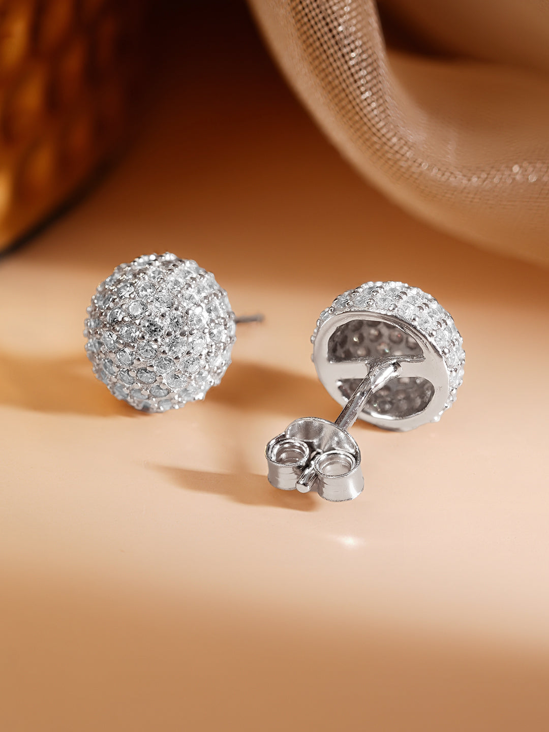 925 Fine Silver Rhodium Plated American Diamon Zirconia Round Stud Earrings