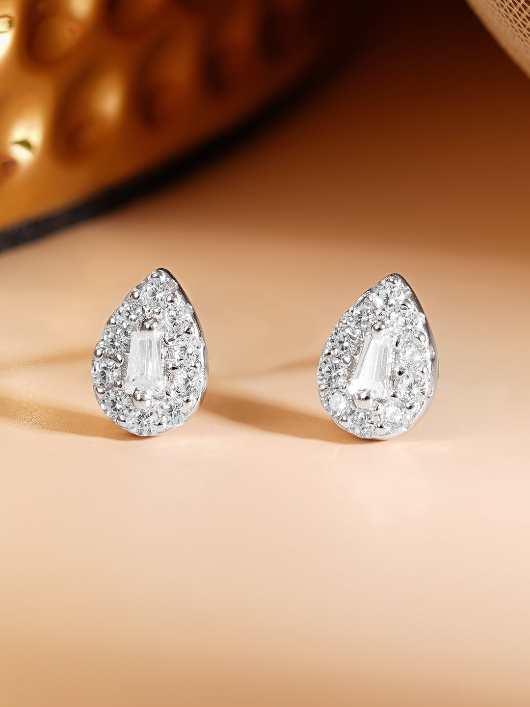 925 Fine Silver Rhodium Plated American Diamon Zirconia Tear Drop Stud Earrings