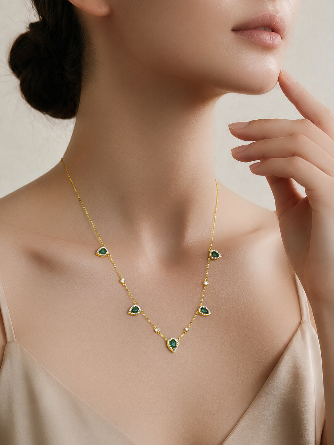 925 Fine Silver Gold Plated Emerald Teardrop Crystal Charm Necklace