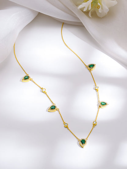 925 Fine Silver Gold Plated Emerald Teardrop Crystal Charm Necklace
