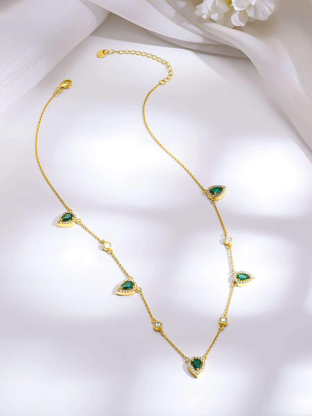 925 Fine Silver Gold Plated Emerald Teardrop Crystal Charm Necklace