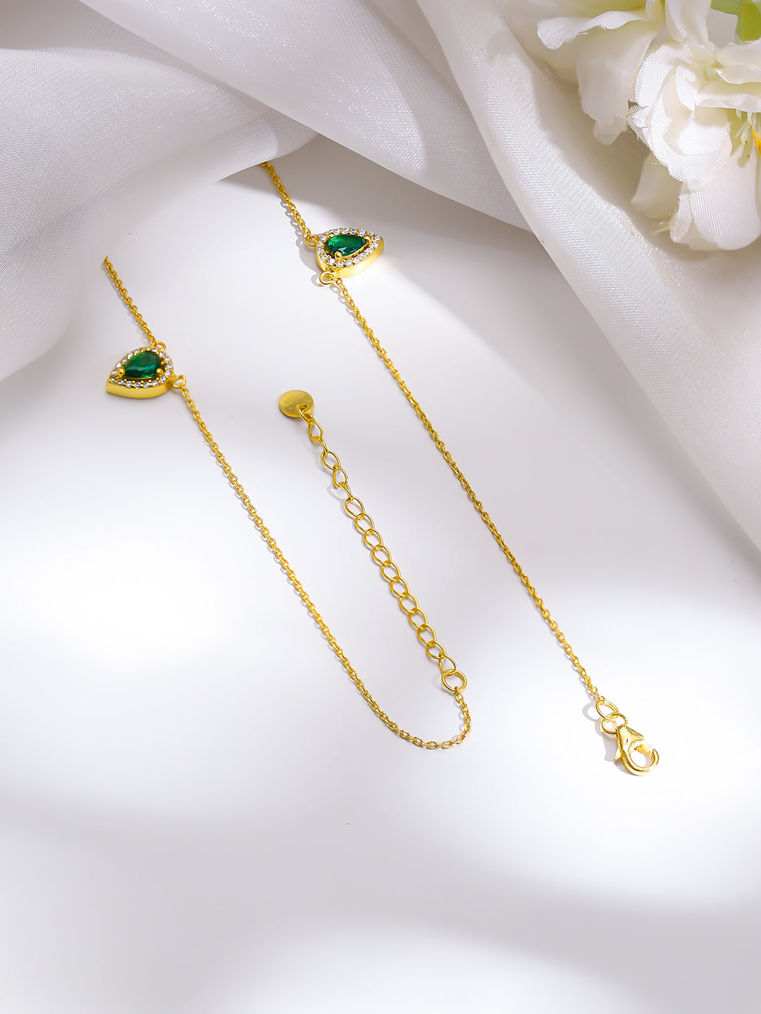 925 Fine Silver Gold Plated Emerald Teardrop Crystal Charm Necklace