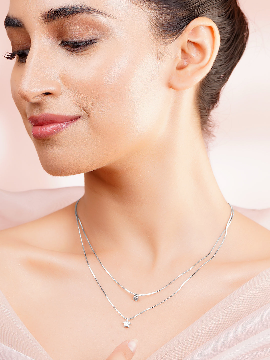 925 Fine Silver Cubic Zirconia Layered Star Charm Pendant Chain Necklace