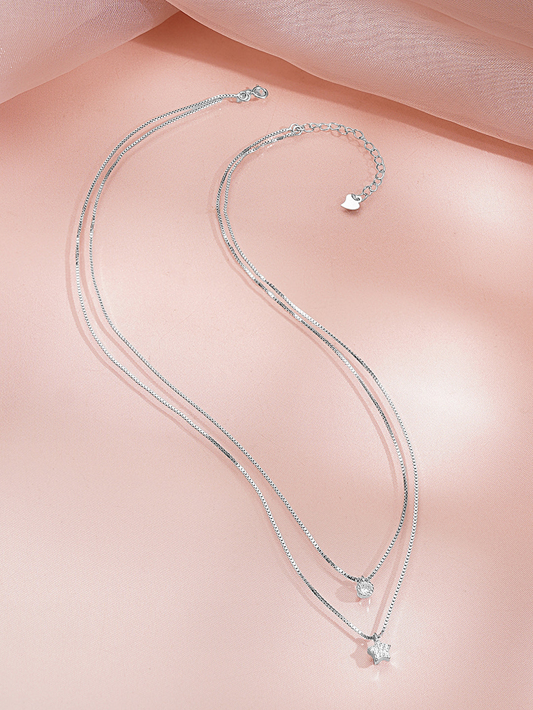 925 Fine Silver Cubic Zirconia Layered Star Charm Pendant Chain Necklace