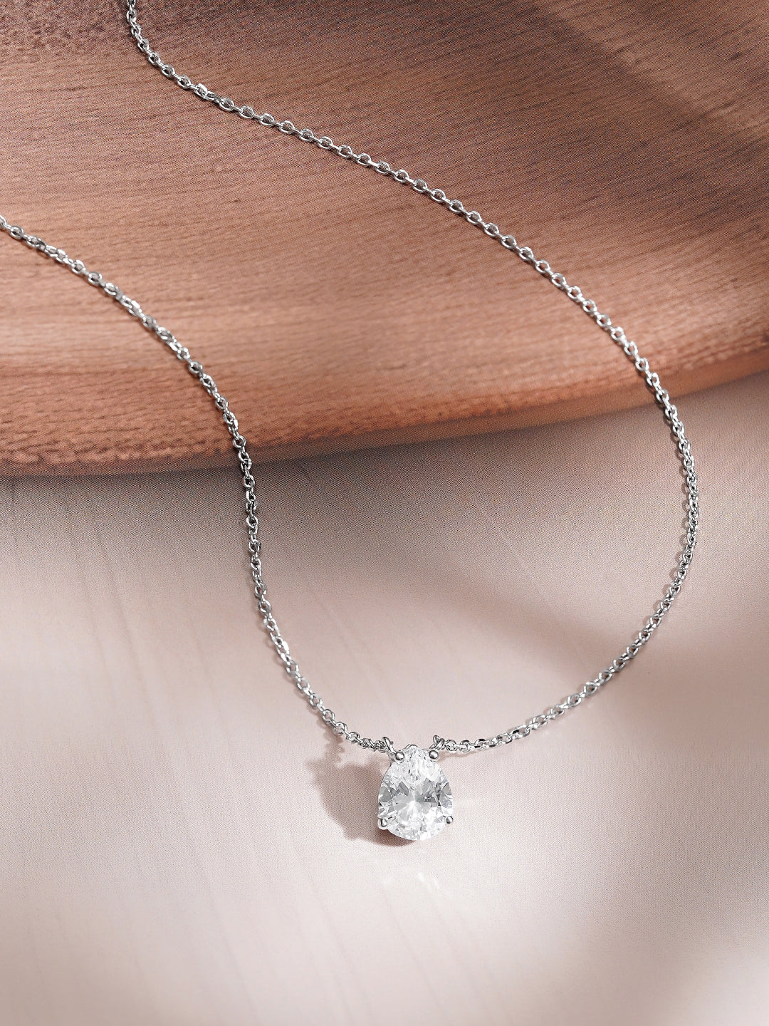 925 Fine Silver Pear Cut Solitaire Cubic Zirconia Pendant Necklace
