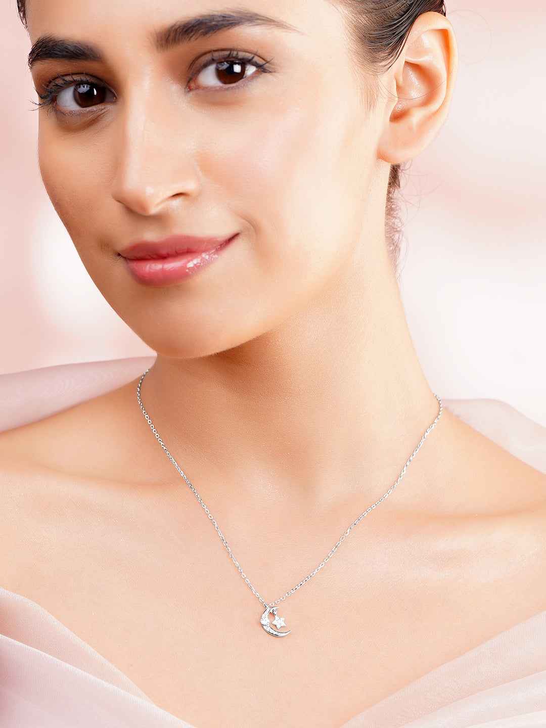 925 Fine Silver Crescent Moon &amp; Star Cubic Zirconia Pendant Necklace