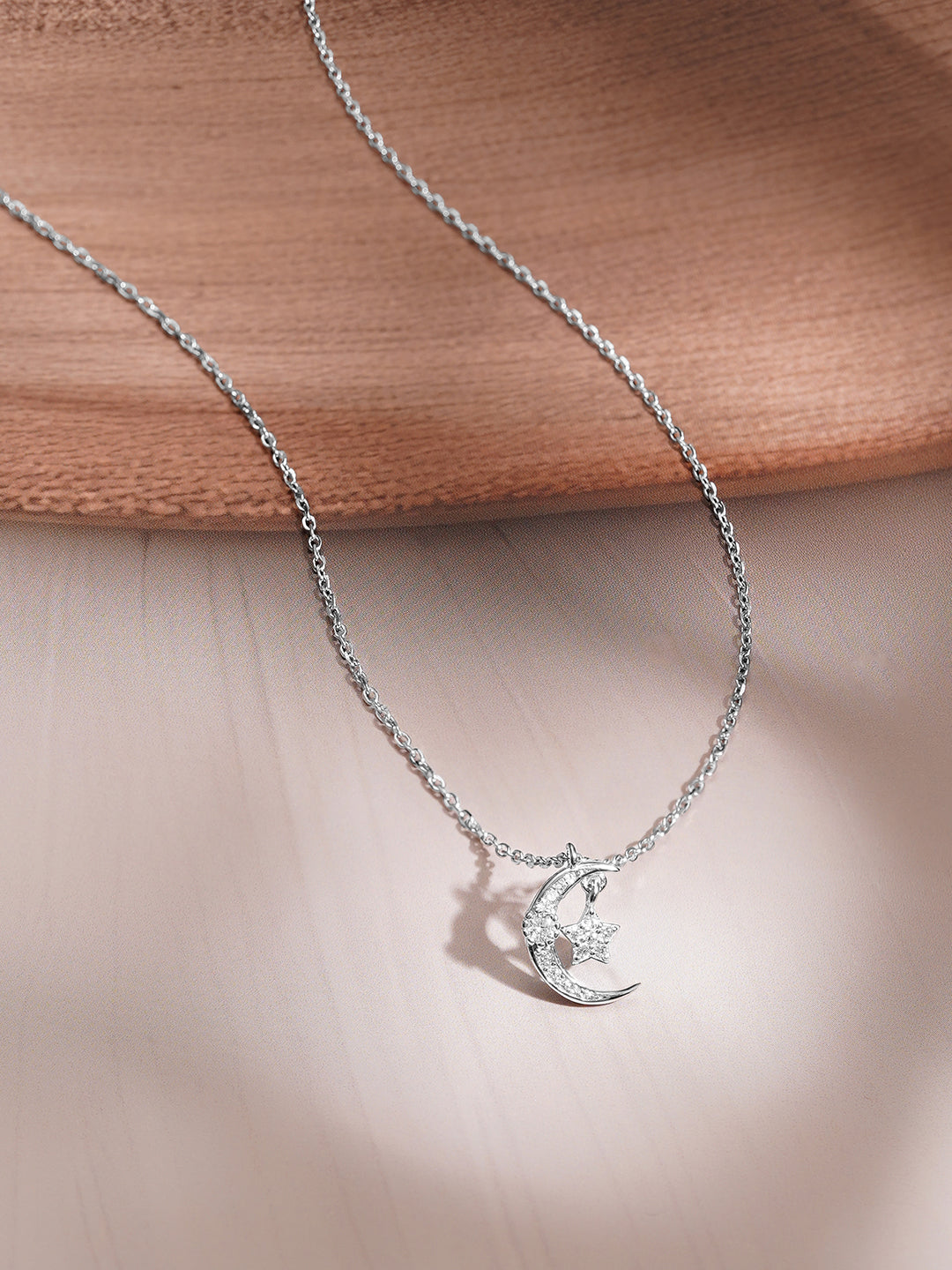 925 Fine Silver Crescent Moon &amp; Star Cubic Zirconia Pendant Necklace