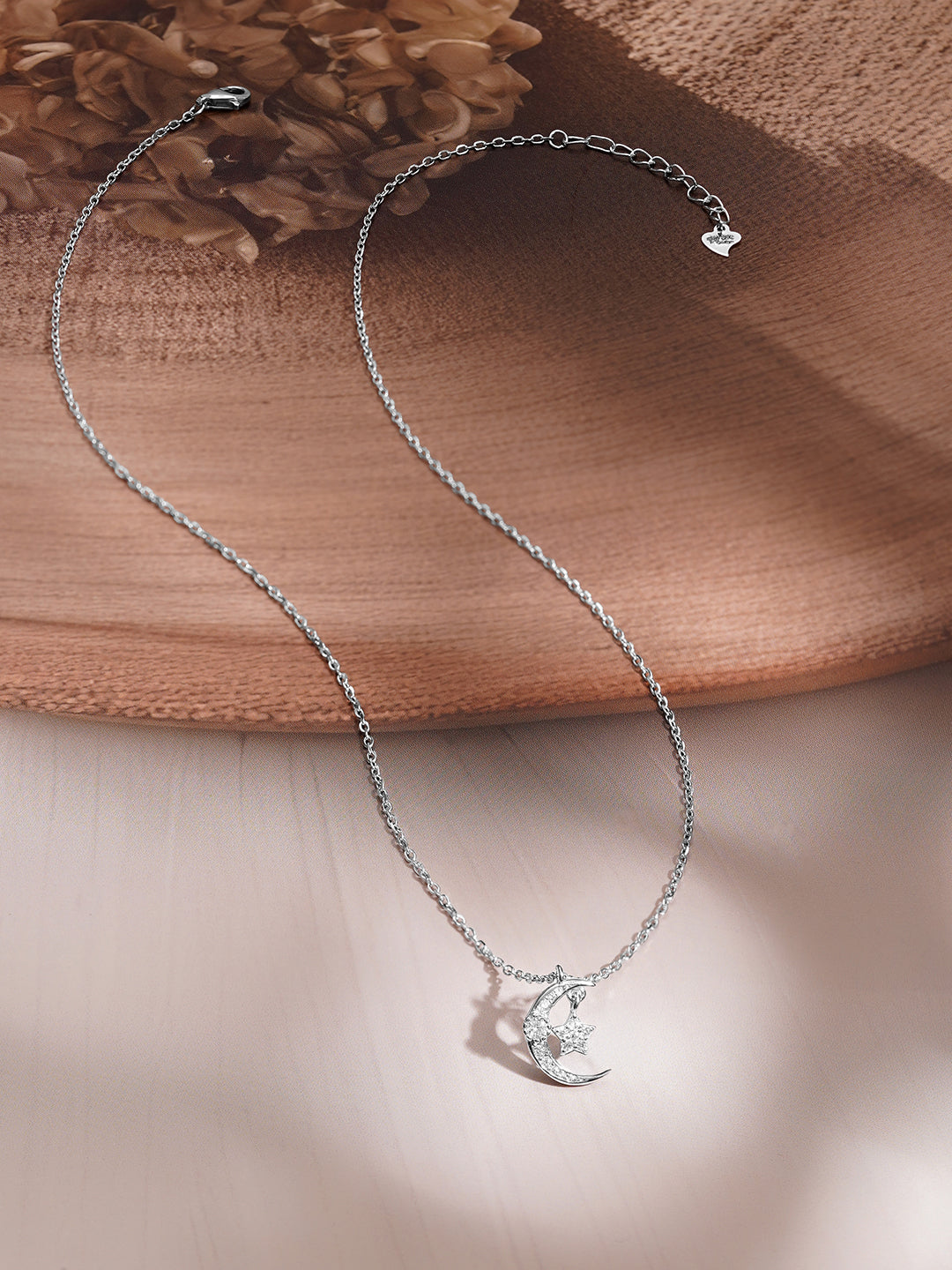 925 Fine Silver Crescent Moon &amp; Star Cubic Zirconia Pendant Necklace