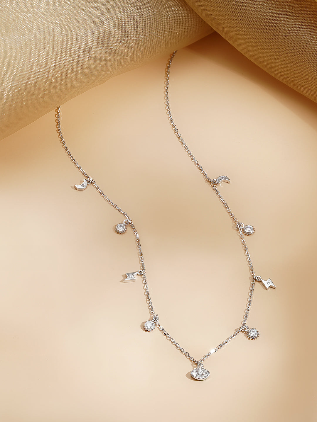 925 Fine Silver Rhodium Plated Multi Charm Necklace