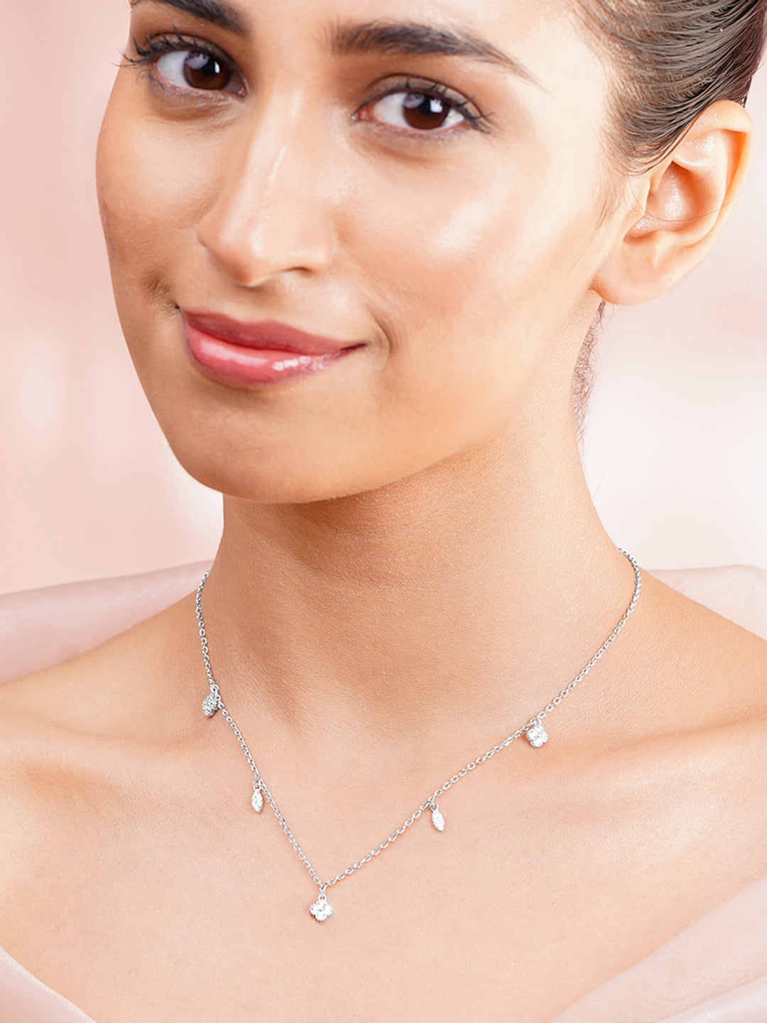 925 Fine Silver Rhodium Plated Multi Charm Necklace