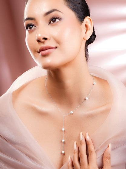 925 Fine Silver Rhodium Plated Pearl Layered Y Necklace