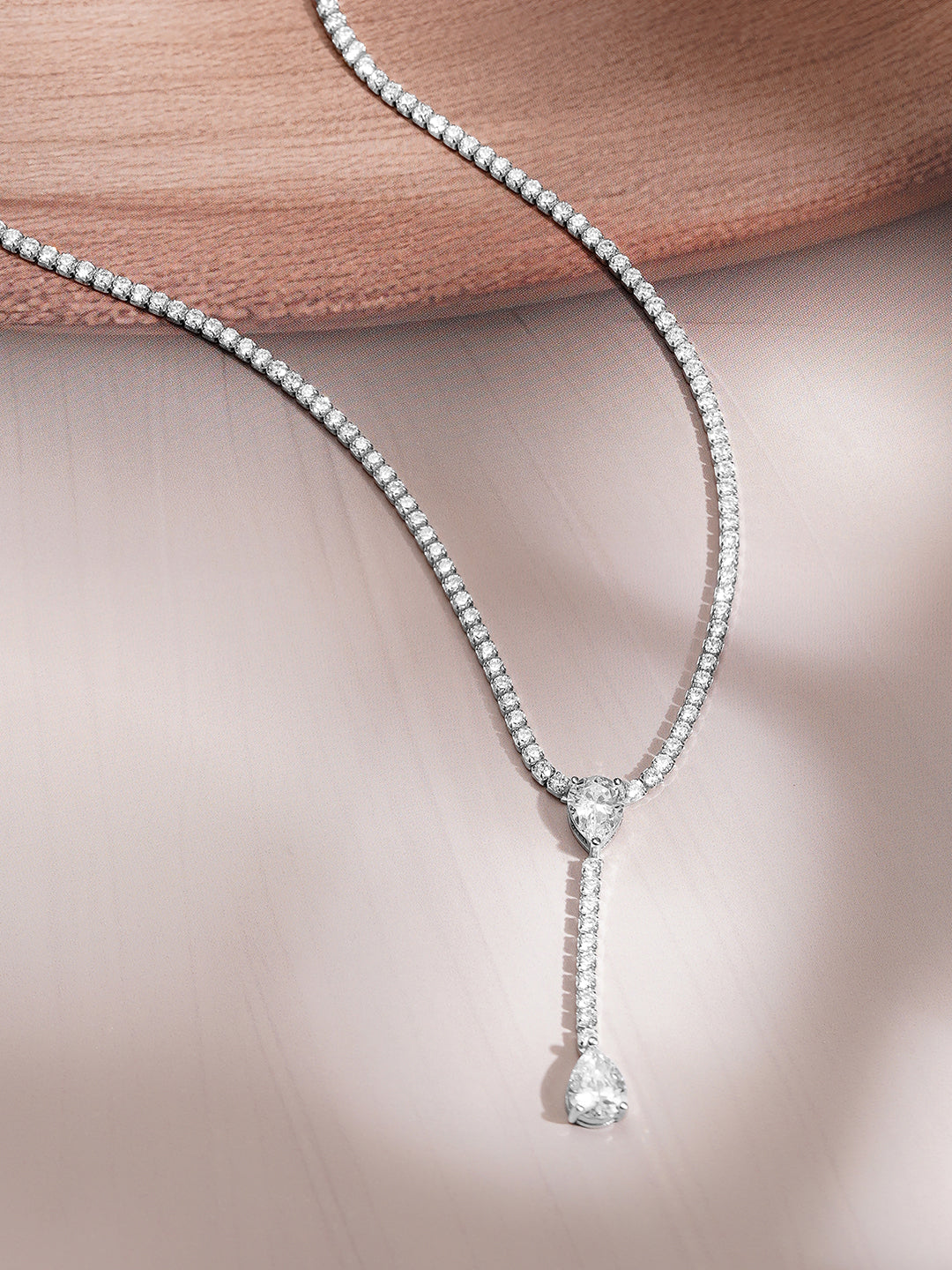 925 Fine Silver Rhodium Plated American Diamond Zirconia Teardrop Necklace