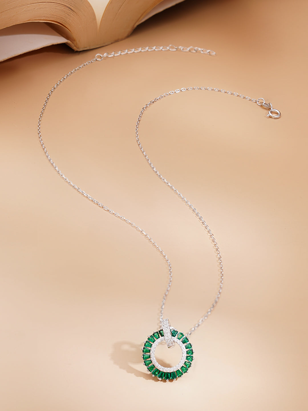 925 Fine Silver Rhodium Plated Emerald AD Circle Charm Pendant Necklace