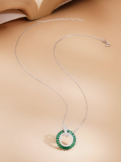 925 Fine Silver Rhodium Plated Emerald AD Circle Charm Pendant Necklace