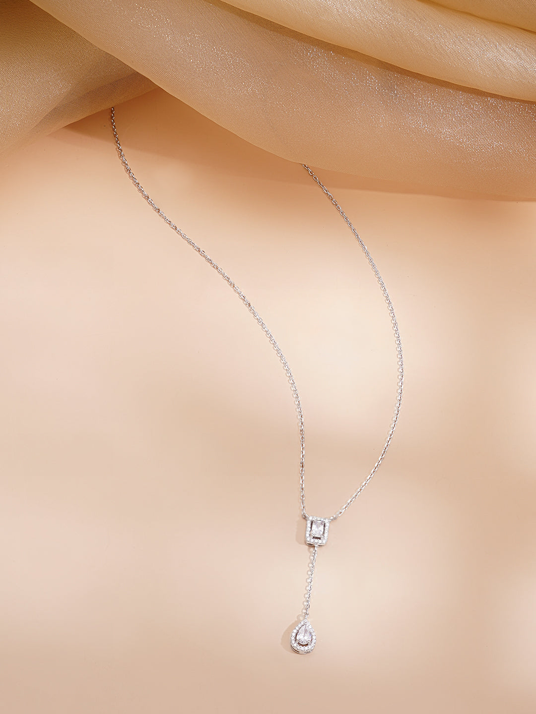 925 Fine Silver Rhodium Plated AD Drop Chain Necklace