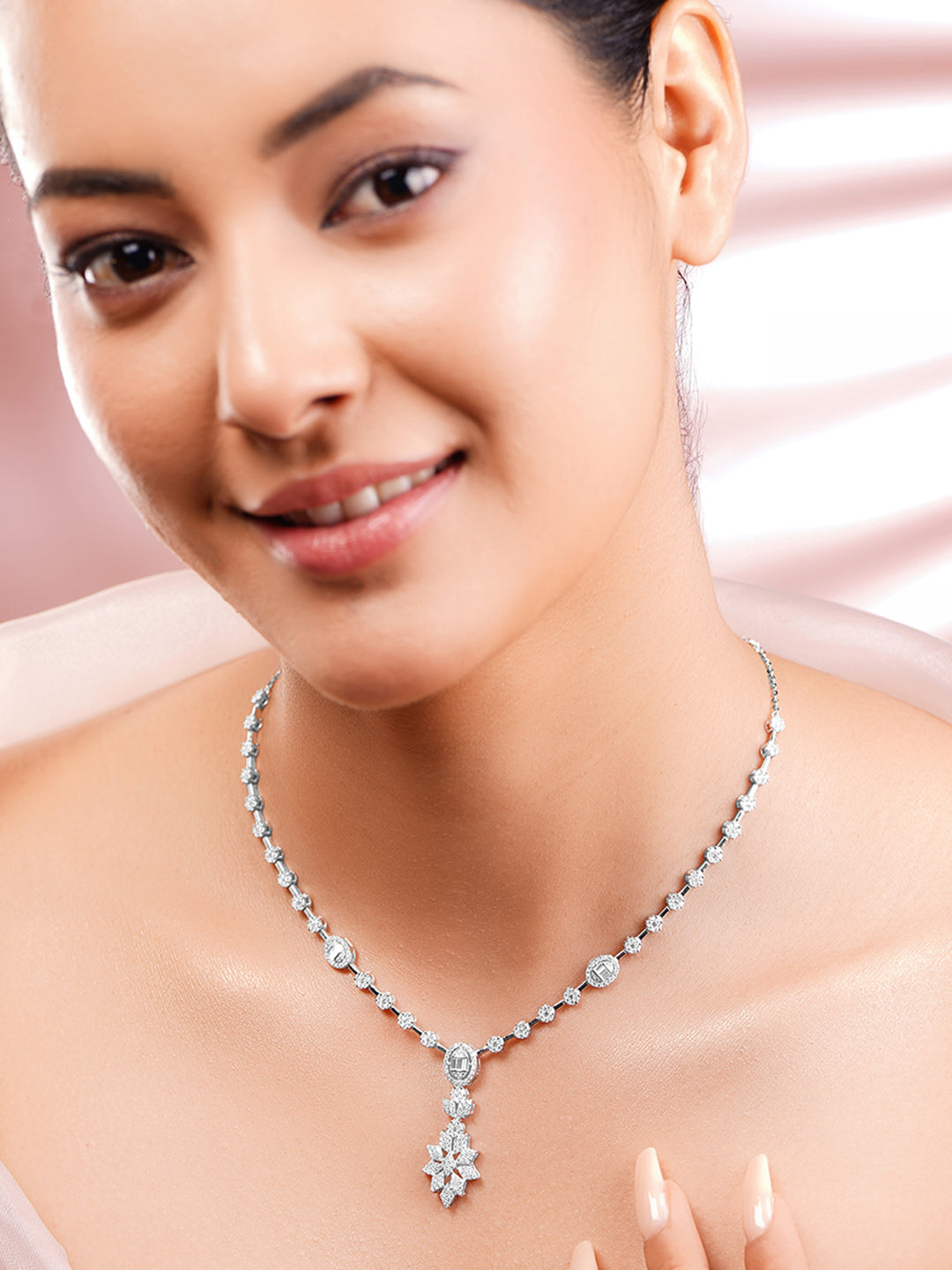 925 Fine Silver Rhodium Plated Geometric Floral Drop American Diamon Zirconia Necklace