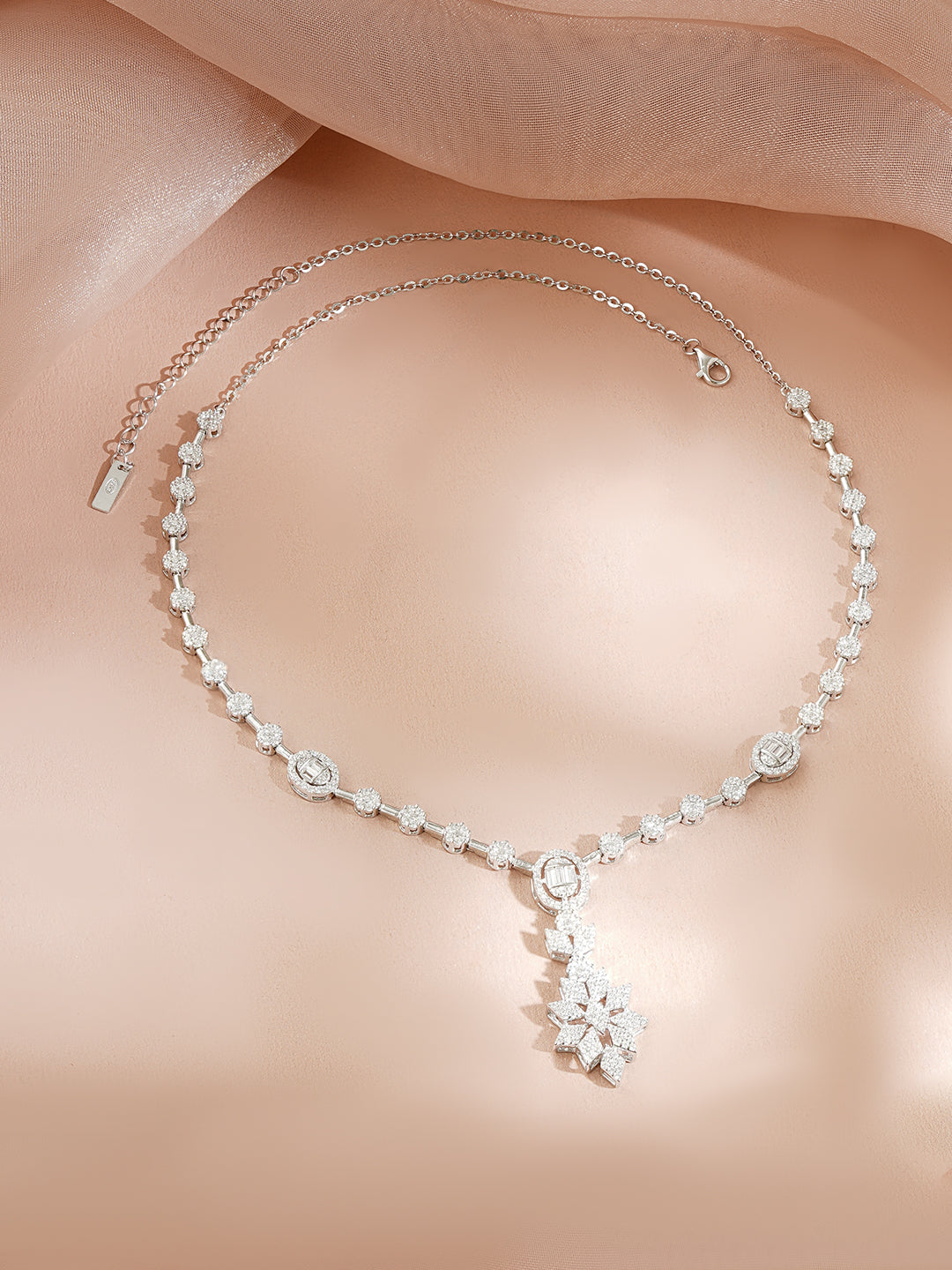 925 Fine Silver Rhodium Plated Geometric Floral Drop American Diamon Zirconia Necklace