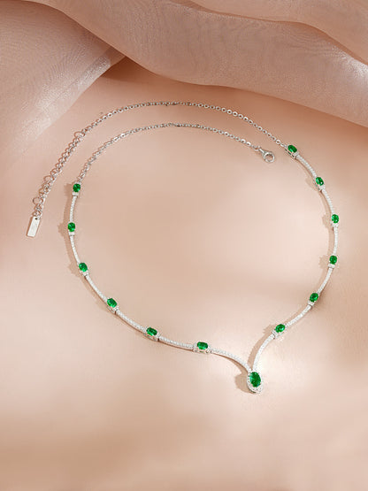 925 Fine Silver Rhodium Plated American Diamon Zirconia Emerald Necklace