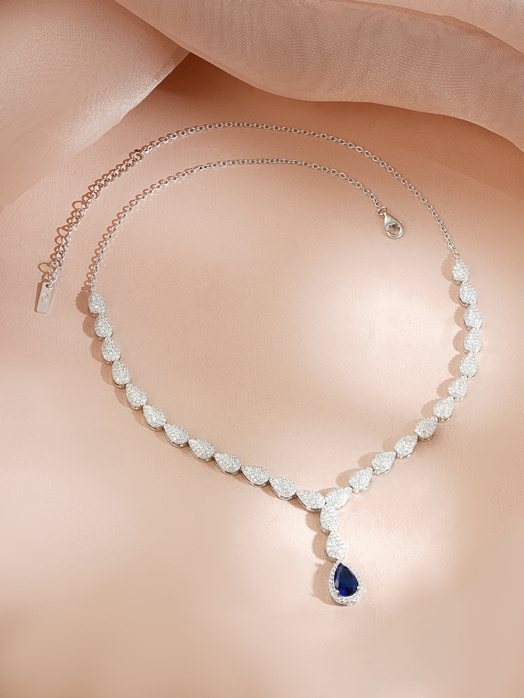 925 Fine Silver Rhodium Plated Leaf Design Blue Sapphire American Diamon Zirconia Necklace