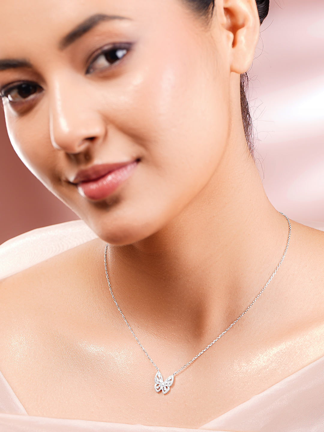 925 Fine Silver Rhodium Plated American Diamon Zirconia Butterfly Necklace