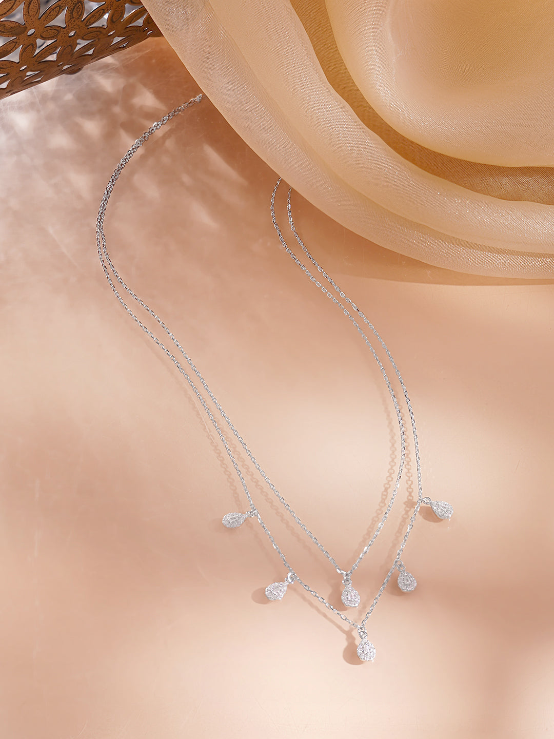 925 Fine Silver Rhodium Plated American Diamon Zirconia Tear Drop Layered Necklace