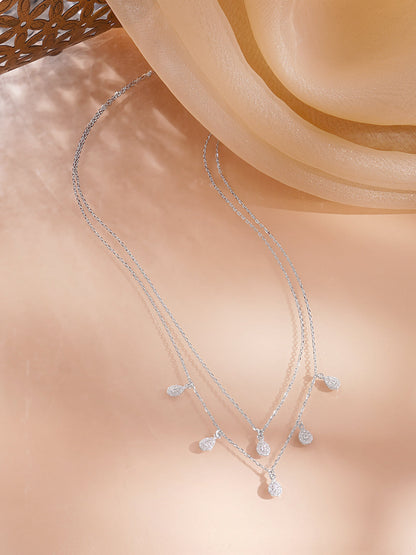 925 Fine Silver Rhodium Plated American Diamon Zirconia Tear Drop Layered Necklace