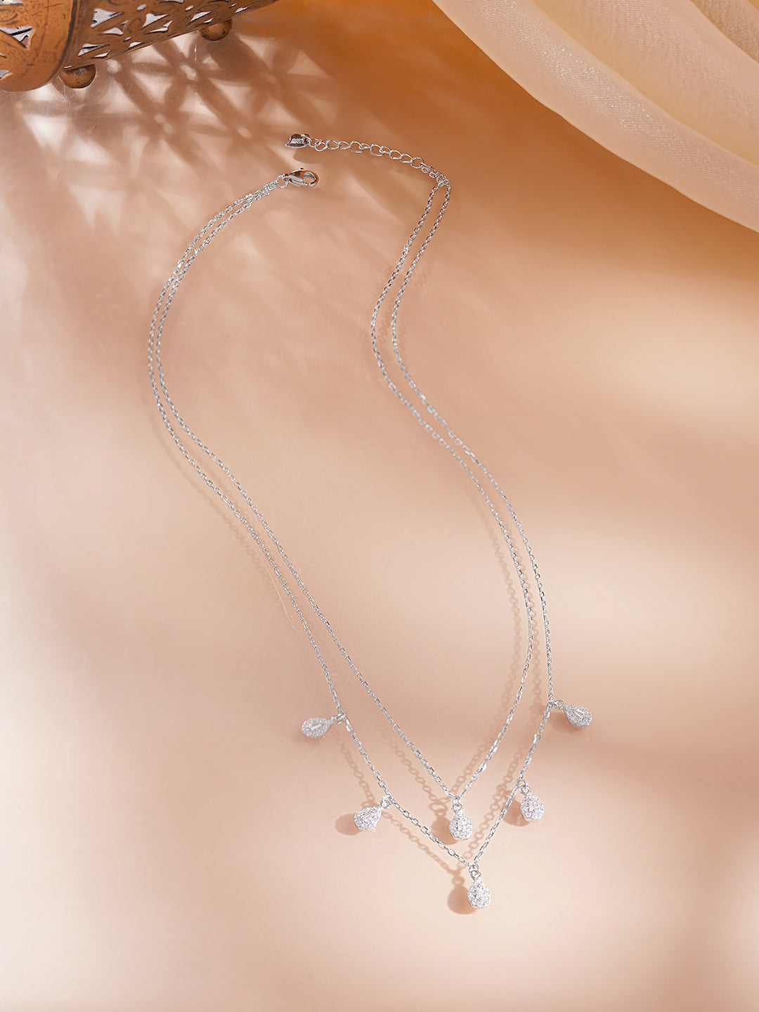925 Fine Silver Rhodium Plated American Diamon Zirconia Tear Drop Layered Necklace