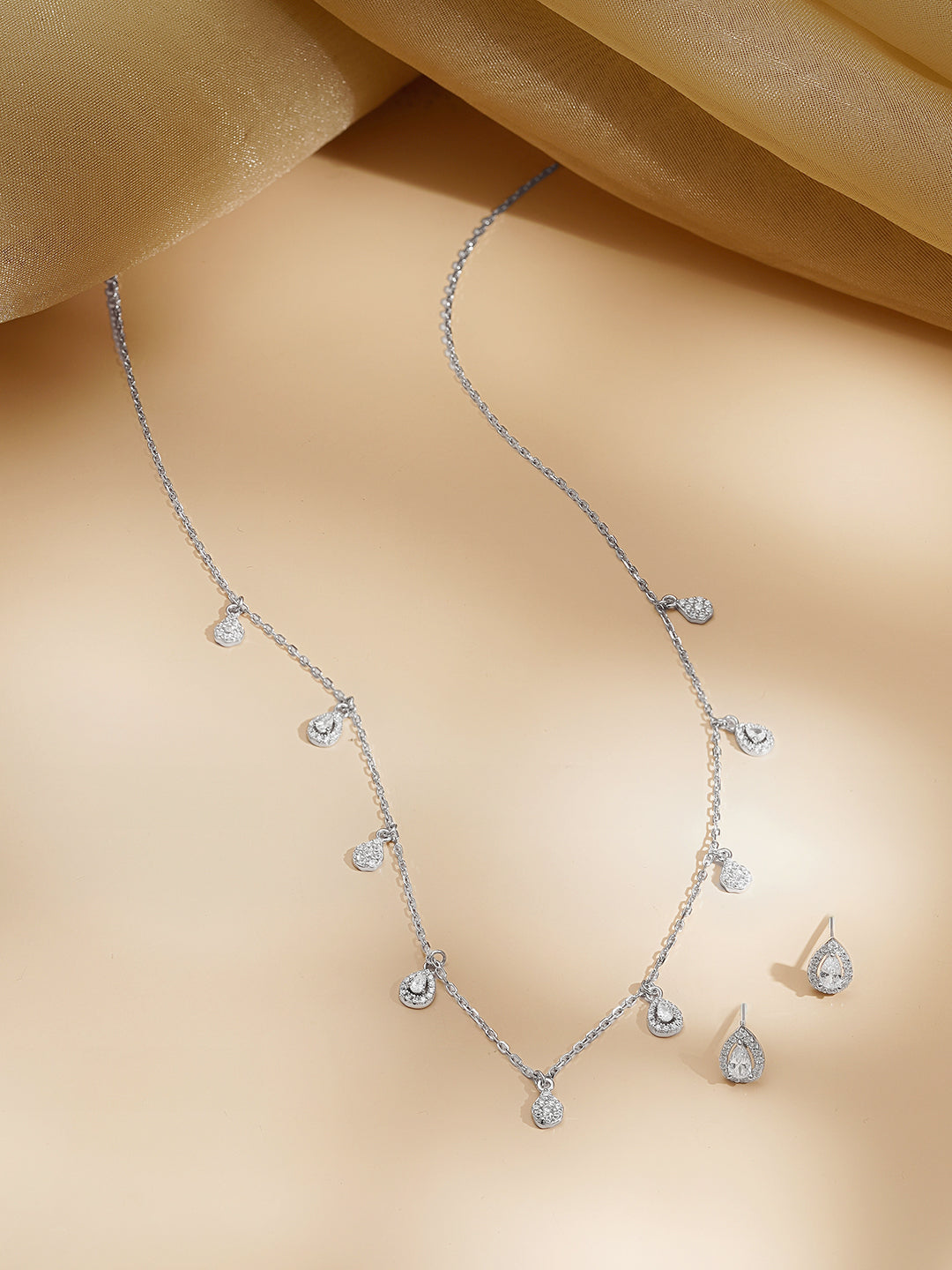 925 Fine Silver Rhodium Plated AD Teardrop Charm Necklace Set