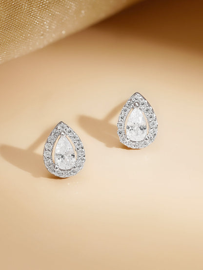 925 Fine Silver Rhodium Plated AD Teardrop Charm Necklace Set