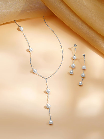 925 Fine Silver Rhodium Plated Pearl Beaded Necklace Set