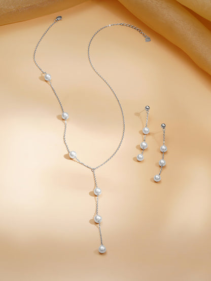 925 Fine Silver Rhodium Plated Pearl Beaded Necklace Set