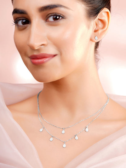 925 Fine Silver Rhodium Plated Tear Drop Layered Necklace Set