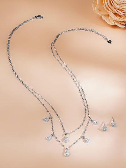925 Fine Silver Rhodium Plated Tear Drop Layered Necklace Set