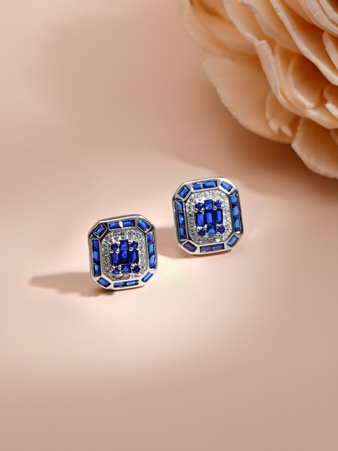 925 Fine Silver Blue Crystal Frame Pendant Set