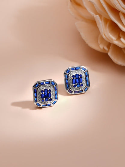 925 Fine Silver Blue Crystal Frame Pendant Set