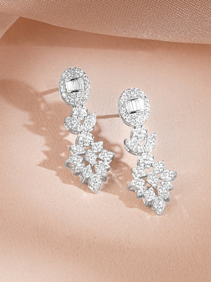 925 Fine Silver Silver Cubic Zirconia Floral Drop Necklace Set