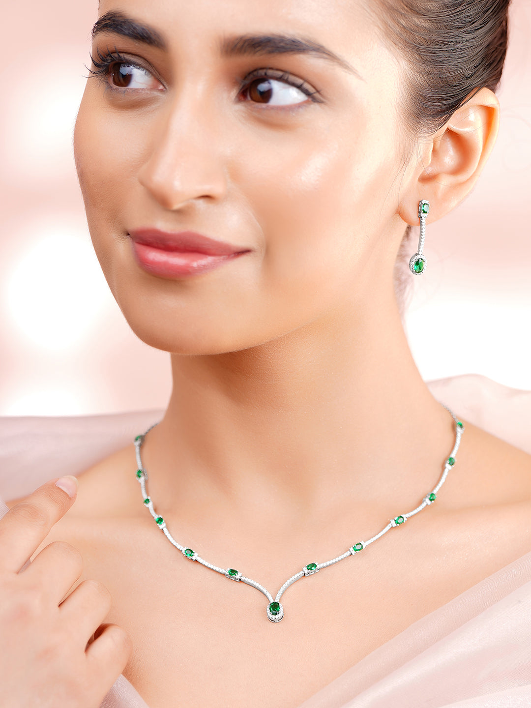 925 Fine Silver Rhodium Plated Emerald Green Necklace Set