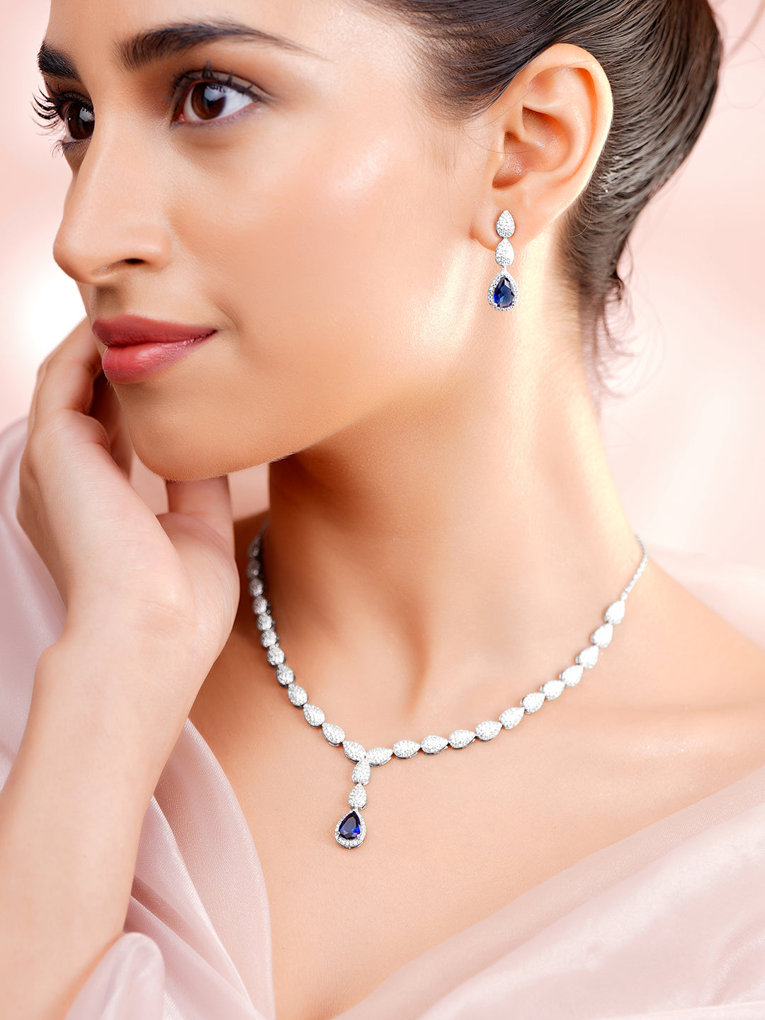 925 Fine Silver Rhodium Plated Blue Tear Drop Necklace Set