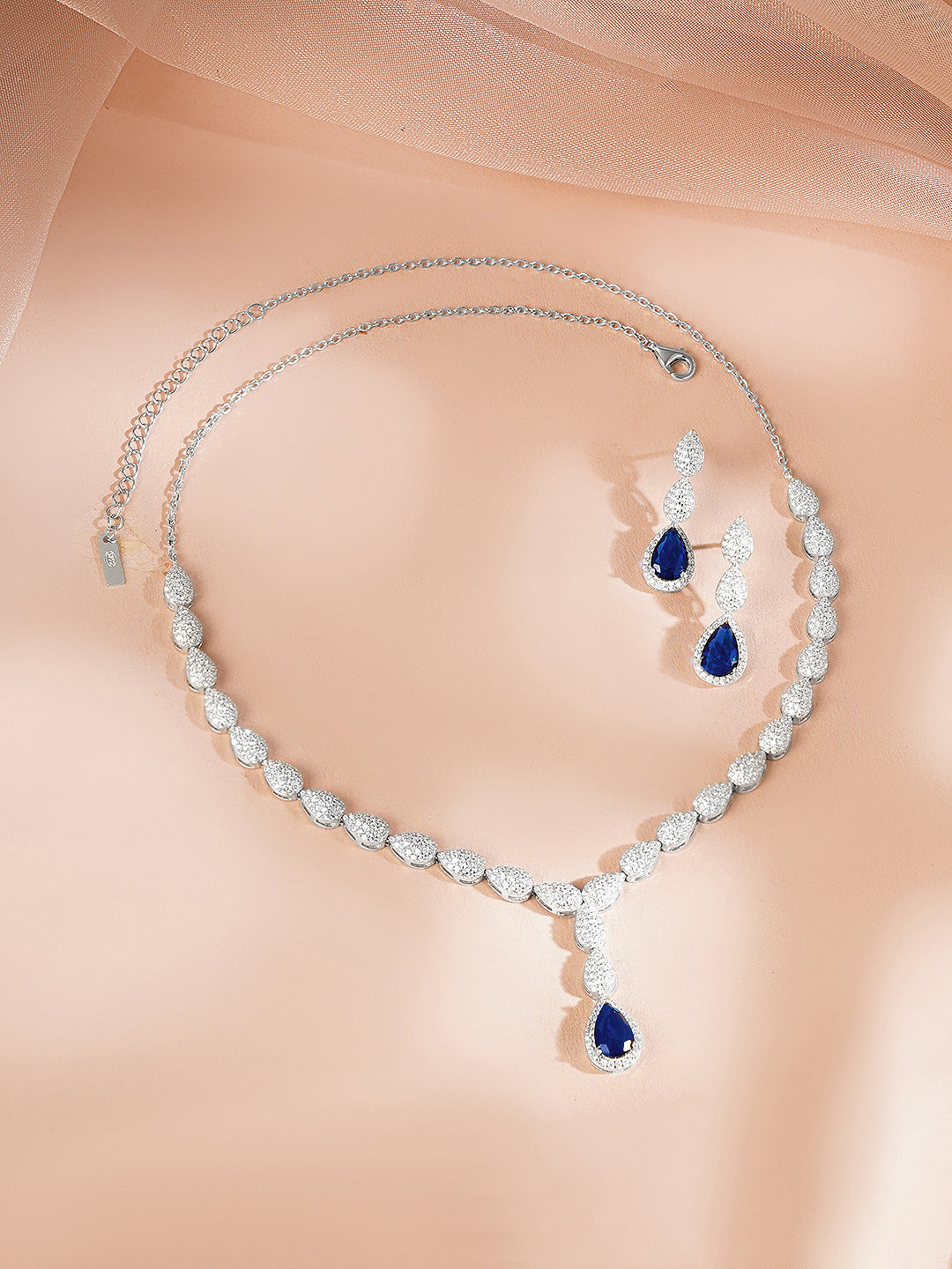 925 Fine Silver Rhodium Plated Blue Tear Drop Necklace Set